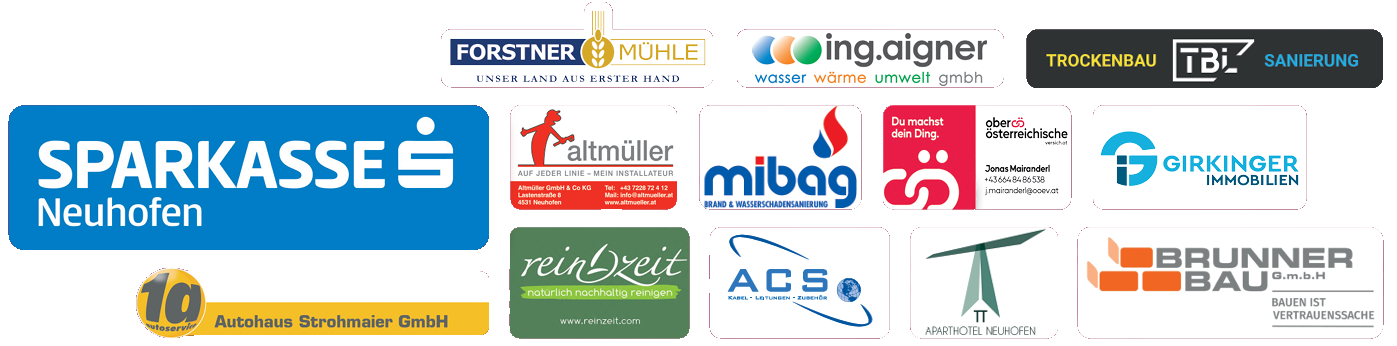Firmenlogos der Sponsoren: * Sparkasse Neuhofen * Forstner Mühle * ing. aigner * TBL Trockenbau Sanierung * Altmüller Installateur * mibag * Oberösterreichische Versicherung Franz Aumair * Girkinger Immobilien * Autohaus Strohmair * Reinzeit * ACS * TT Aparthotel Neuhofen * Brunner Bau